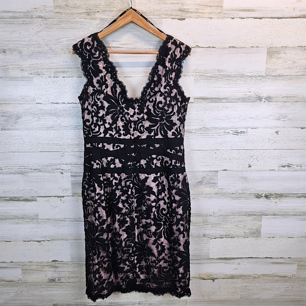 Tadashi Shoji Black Lace Overlay Cocktail Dress 16 Elegant Romantic Sheath - Picture 4 of 14